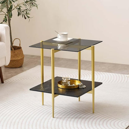 LumFurn Glass End Table, Mid-Century Modern Design Sofa Table, for Living Room, L18 x W18 x H23 in, Grey Glass Top and Black Marble Finish Wood Shelf, Sleek Conical Metal Legs with Gold Finish Frame