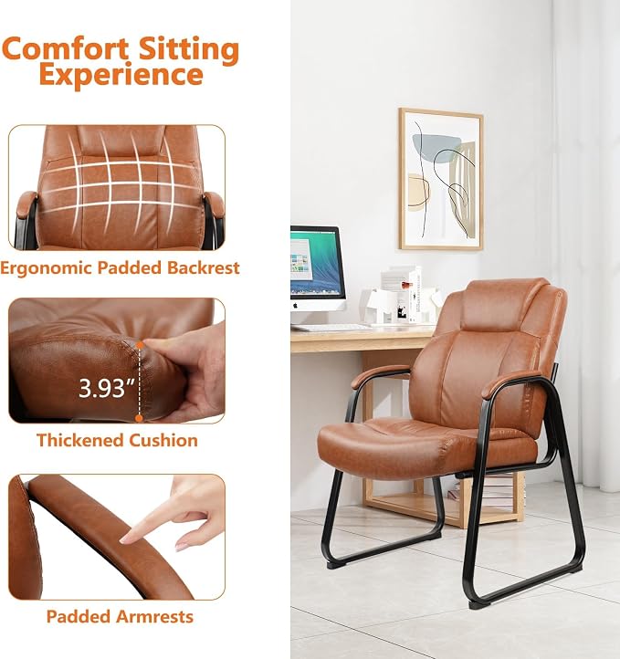 CLATINA Big Tall 500 LB Wide Guest Chairs Heavy Duty, Leather Side Reception Chairs with Sled Base and Arms, Executive Office Desk Chair No Wheels for Meeting Conference Waiting Room Home, Brown 4 PK