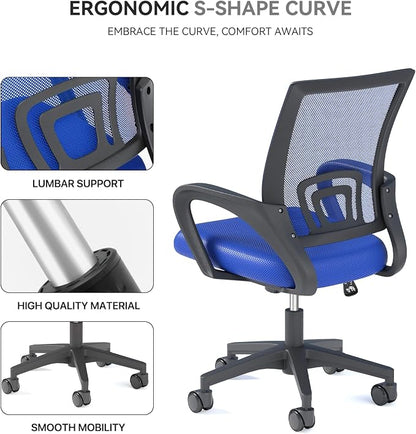Office Chair, Ergonomic Mid-Back Mesh Desk Chair with Lumbar Support, Adjustable Height Computer Chair with Rolling Wheels Design,Comfy Armrest for Work, Study, Gaming, Navy Blue