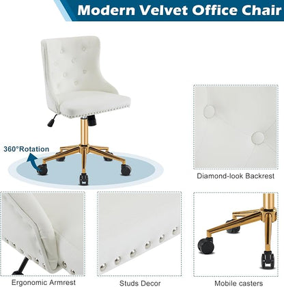 VINGLI White Velvet Armless Home Office Desk Chair with Gold Base/Wheels, Small Cute Vanity/Makeup Chair with Back for Bedroom, Upholstered Adjustable Rolling Swivel Nail Chair for Women/Girls