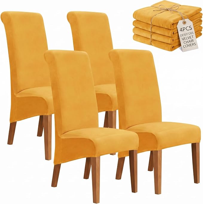 Deisy Dee Stretch XL/Oversized Extra Large Velvet Dining Room Chair Covers for Kitchen Dining，Removable Washable Chair Protectors Slipcovers (Golden Yellow, 4)