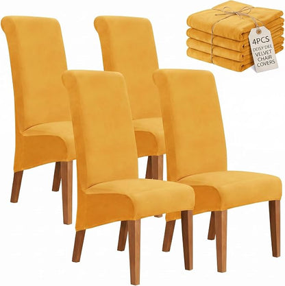 Deisy Dee Stretch XL/Oversized Extra Large Velvet Dining Room Chair Covers for Kitchen Dining，Removable Washable Chair Protectors Slipcovers (Golden Yellow, 4)