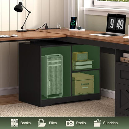 YOMILUVE Farmhouse L Shaped Standing Desk, 66 inch Corner Electric Standing Desk with Drawers ＆ Storage Shelves, Height Adjustable Computer Desk with Power Outlets for Home Office (Black and Brown)