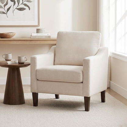 VKNOW Mid-Century Accent Chairs Set of 2, No Tools Assembly Required, Modern Upholstered Polyester Armchairs for Living Room & Bedroom, Comfortable Reading Chairs with Wood Legs, Beige