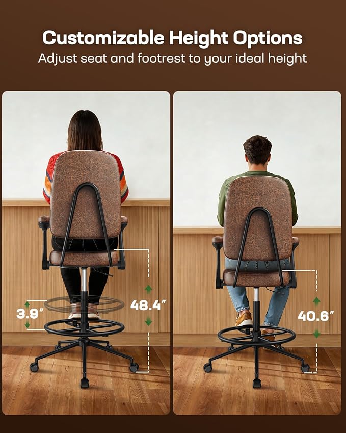 Marsail Drafting Chair with Flip-Up Armrests and Footrest, Ergonomic Tall Office Chair, Height Adjustable High Chair, Brown Leather Seat with Thick Cushion, 360° Swivel, Pack of 2