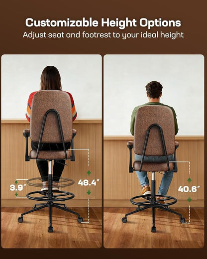 Marsail Drafting Chair with Flip-Up Armrests and Footrest, Ergonomic Tall Office Chair, Height Adjustable High Chair, Brown Leather Seat with Thick Cushion, 360° Swivel, Pack of 2