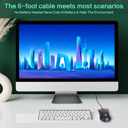 VCOM Wired USB Mouse with 6-Foot Cord, 1200 DPI, Right or Left Hand Use, Ergonomic Design, Black