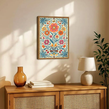 Framed Vintage Mexican Floral Canvas Wall Art, Colorful Folk Flower Wall Decor Pictures, Boho Botanical Painting Prints Rustic Home Decor for Living Room Bedroom 16x24 inch