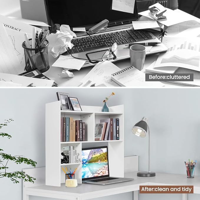 Desktop Bookshelf 36" Tall, White Desk Hutch for Dorm Computer Desk, 4-Tire Wood Desk Shelf Storage Organizer for Office Home