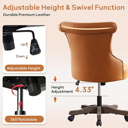 HUIMO Home Office Chair Upholstered Faux Leather PU Armless Desk Chair with Wheels Adjustable Height Computer Desk Chair with Wooden Legs Comfy Swivel Chair for Study Studio (Caramel Brown)