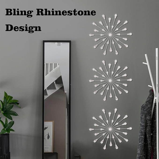 ZEXUIRU 3 Set Silver Starburst Wall Art for Home Decor Metal Bling Crystal Rhinestones Sunburst Wall Decor Sparkling Rhinestone Art Accent Silver - 13in