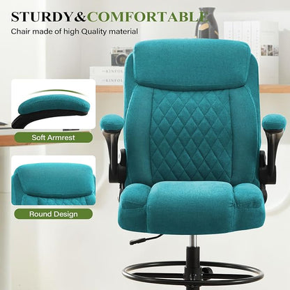 Drafting Chair Tall Office Chair for Standing Desk, Ergonomic Tall Desk Chair with Adjustable Foot Ring, Flip-Up Armrests, Lumbar Support, Comfortable Fabric Seat – Ideal for Home and Office Use