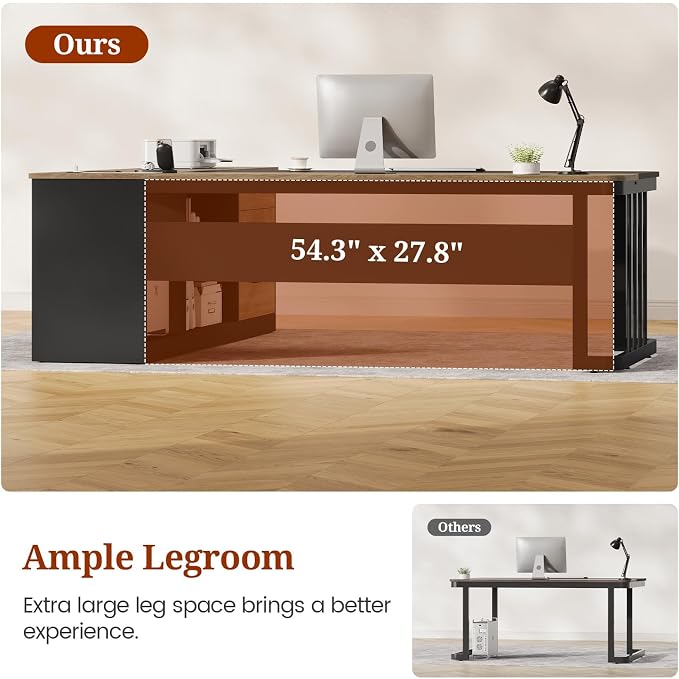 UPOSOJA 71" Executive Desk, Large Office Desk with Drawers & Storage Shelves, Modern L Shaped Computer Desk Corner Desk with Power Outlets, File Cabinet, Business Furniture Desk Workstation (Oak)