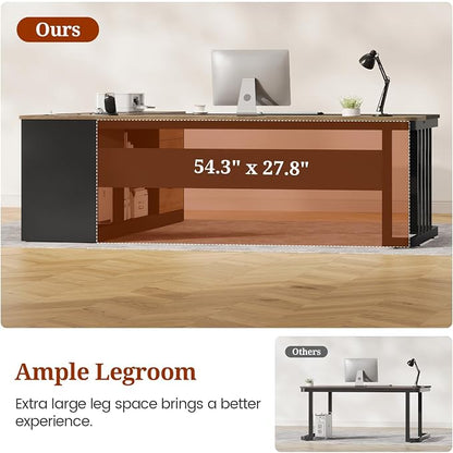 UPOSOJA 71" Executive Desk, Large Office Desk with Drawers & Storage Shelves, Modern L Shaped Computer Desk Corner Desk with Power Outlets, File Cabinet, Business Furniture Desk Workstation (Oak)