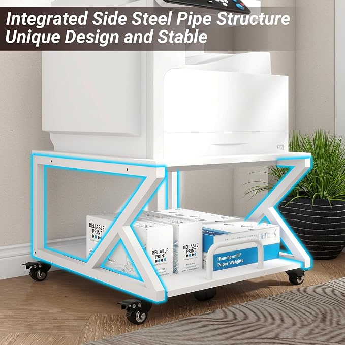 Natwind 2 Tier Printer Stand,23.6''x23.6'',with Pull Out Shelf,White | Easy Reach for Lower Shelf Items,Rolling Printer Cart with Wheels,Fits Under Desk,Supports 205lbs,for Home Office Kitchen