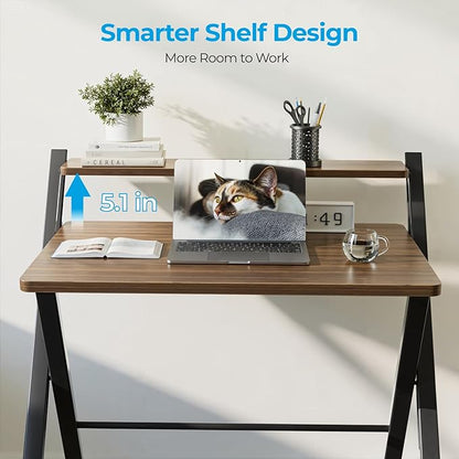 GreenForest Folding Desk No Assembly Required, 2 Tier Computer Desk with Monitor Shelf, 30 Inch Foldable Home Office Table for Work from Home Apartment Dorm Study Room, Espresso
