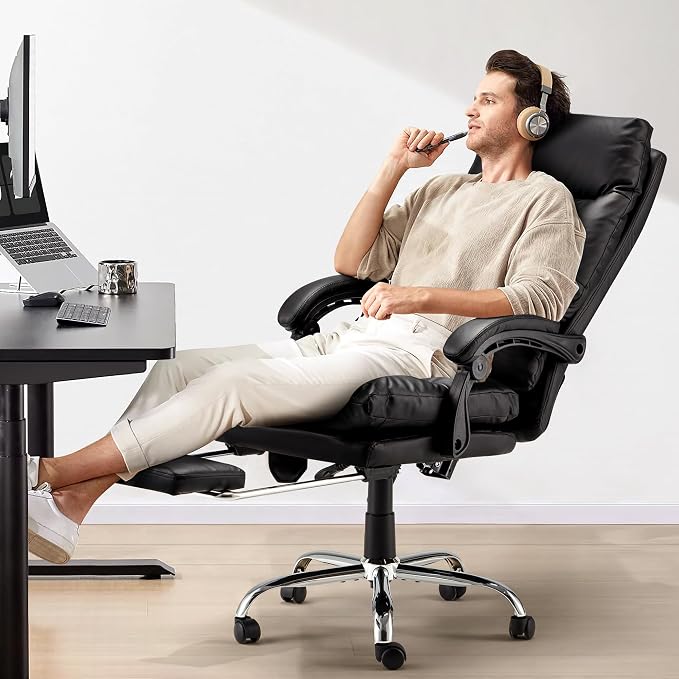 HOMREST Ergonomic Heated Reclining Office Chair, Black | USB Charging, 4-Point Vibration Massage, Adjustable Armrests & Footrest, Premium Leather