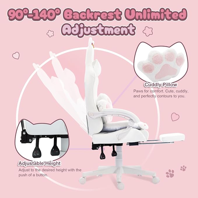 Dowinx Gaming Chair with Cat Ears and Massage Lumbar Support, Ergonomic Computer Chair with Footrest and Headrest, Comfortable Reclining Game Chair 290lbs for Adults, White
