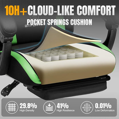GTPLAYER Gaming Chair with Pocket Spring Cushion, Leather Office Chair with Ergonomic High Back & Lumbar Support for Back Pain Relief, Computer Game Chair for Adults, Grass Green