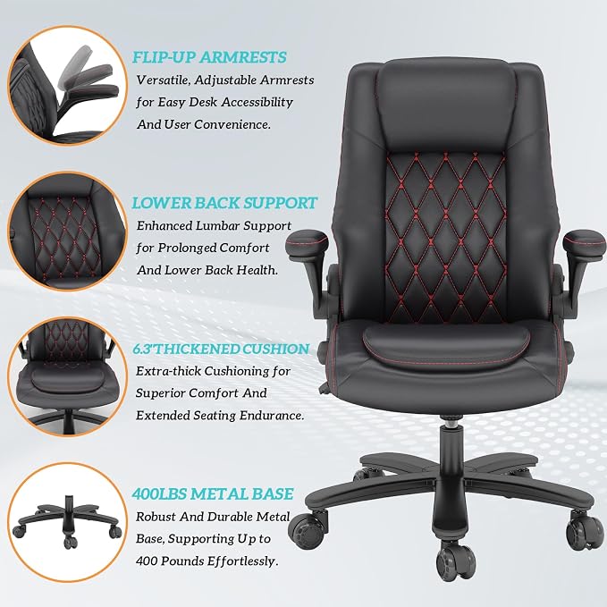 lavimiya Executive Office Chair with Rubber Wheels, Big and Tall Office Chair 400LBS, High Back Leather Computer Desk Chair with Flip-up Armrests and Lumbar Support, Black