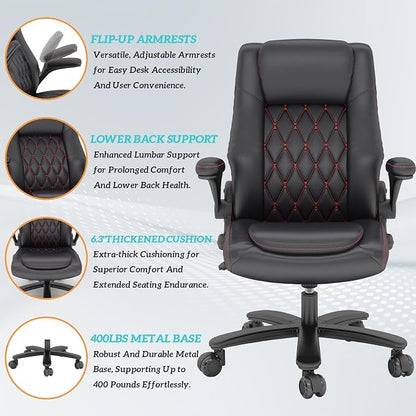 lavimiya Executive Office Chair with Rubber Wheels, Big and Tall Office Chair 400LBS, High Back Leather Computer Desk Chair with Flip-up Armrests and Lumbar Support, Black
