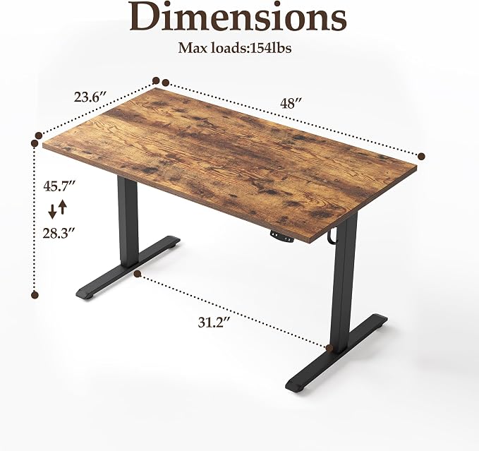 Klicelor Electric Standing Desk 48 Inch, Height Adjustable Desk for Home Office, Sit Stand Up Rising Computer Table with Memory Preset, Rustic Brown