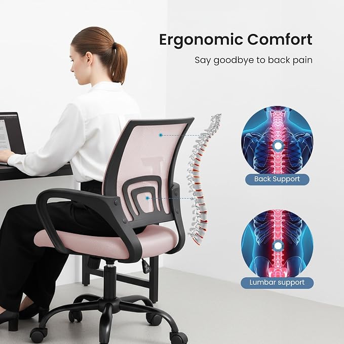 OLIXIS Office Desk Chair - Ergonomic Mid Back with Lumbar Support & Rocking Mode, Height Adjustable with Fixed Armrest, Storage Back for Computer, Gaming, Conference, Meeting Room, 360° Swivel, Pink