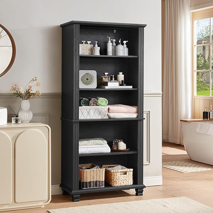 SAVOR LIFE 70" Tall Black Bookshelf,5 Tier Wooden Book Shelf with Adjustable Shelves & Wood Legs,Free Standing Farmhouse Bookcase with Open Display Storage,Vintage Bookshelves for Living Room, 2PCS
