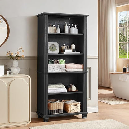 SAVOR LIFE 70" Tall Black Bookshelf,5 Tier Wooden Book Shelf with Adjustable Shelves & Wood Legs,Free Standing Farmhouse Bookcase with Open Display Storage,Vintage Bookshelves for Living Room, 2PCS