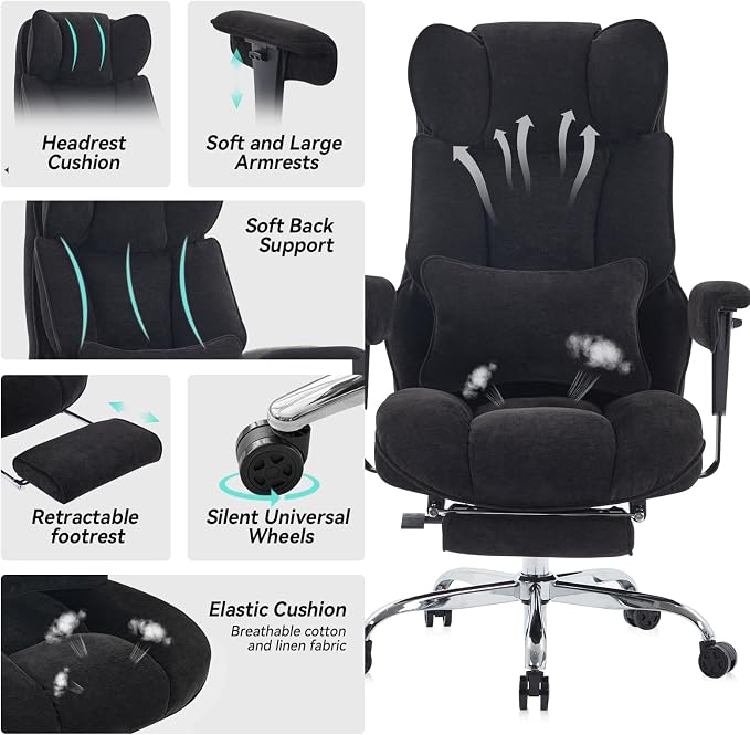 Efomao Executive Office Chair 400lbs, Black Fabric Big and Tall Desk Chair | Breathable fabric, pocket spring & foam seat, retractable footrest, 135° recline for computer gaming setup