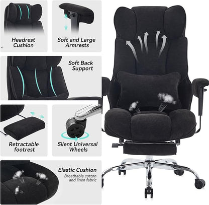 Efomao Executive Office Chair 400lbs, Black Fabric Big and Tall Desk Chair | Breathable fabric, pocket spring & foam seat, retractable footrest, 135° recline for computer gaming setup