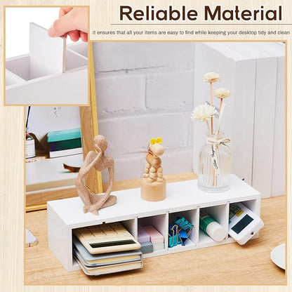 Jetec Wooden Pencil Pen Holder for Desk 6 Compartments Cosmetic Makeup Brush Stationery Office Desktop Organizers for Countertop Adjustable Silverware Caddy for Party, Art Supplies,Home(White)