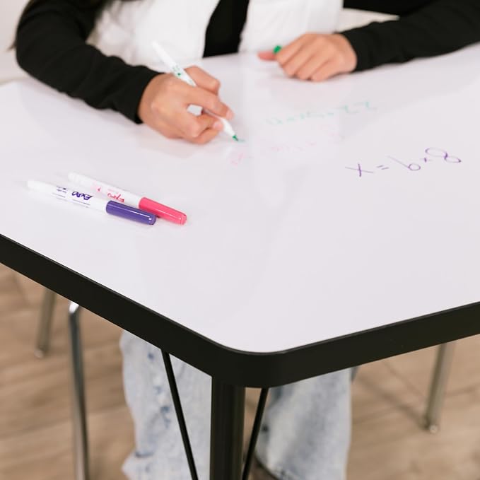 FDP Dry-Erase Rectangle Activity School and Office Table (24 x 48 inch), Standard Legs with Swivel Glides, Adjustable Height 19-30 inches; Quick Ship Single Box - Whiteboard Top and Black Edge