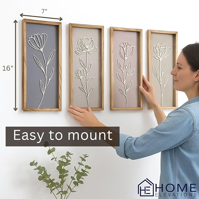3D Floral Bathroom Wall Decor, Set of 4 Wooden Framed Home Decor | Boho Botanical Wall Hanging Art, Modern Farmhouse Style, Bedroom, Living Room, Kitchen, Office Accent, Housewarming Gift