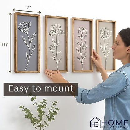 3D Floral Bathroom Wall Decor, Set of 4 Wooden Framed Home Decor | Boho Botanical Wall Hanging Art, Modern Farmhouse Style, Bedroom, Living Room, Kitchen, Office Accent, Housewarming Gift
