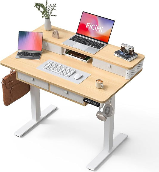FiCiHi Electric Standing Desk with Four Drawers, 40 x 24 Inch Adjustable Height Sit Stand Desk, C-Clamp Compatible Home Office Desk with Storage Shelf & Monitor Stand Riser, Maple