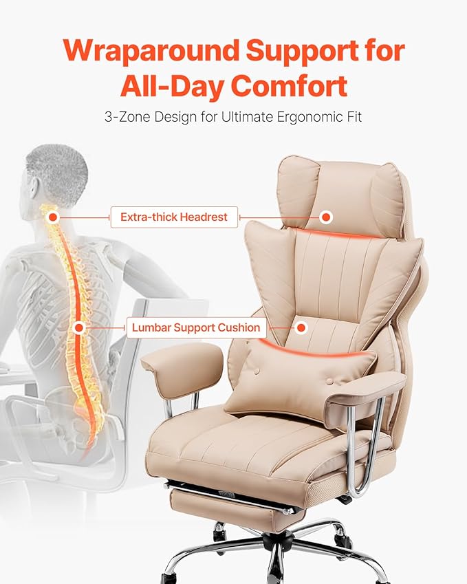 VEVOR Executive Office Chair with Footrest, 400lb Capacity Oversize Office Chair with Lumbar Pillow & Removable Armrests, Heavy Duty Ergonomic Chair, PU Leather Reclining Home Office Desk Chair, Brown