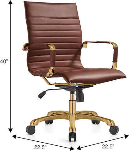 LeisureMod Harris Modern Ergonomic Executive Office Chair, High-Back Leather Conference Desk Chair with Adjustable Height, Tilt Control, 360° Swivel & Gold Frame for Home Office