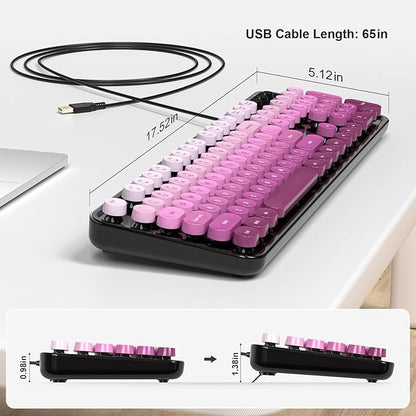 MOWUX Computer Keyboard Wired, Plug and Play USB Retro Round Typewriter Keyboard, Full Size Wired Keyboard with Foldable Stands for Laptop and Office PC- Black Pink Gradient