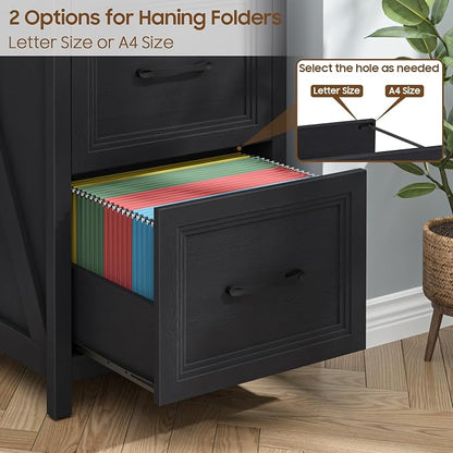 Vabches 2 Drawer Vertical File Cabinet, Wood Farmhouse Filing Cabinet Fits A4/Letter Size, Under Desk Small File Cabinets Printer Stand with Storage for Home Office, Black