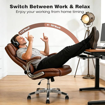 Brown Leather Office Chair with Flip up Arms, High Back Ergonomic Executive Office Chairs with Wheels, 90-120° Rocking Office Desk Chair with Lumbar Support, Swivel Task Chairs