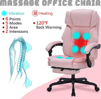 Massage Office Chair with Foot Rest 6 Points Vibration and Heat Home Office Desk Chairs for Heavy People 400lbs Reclining Managerial Chairs Ergonomic Executive Chair (Pink)