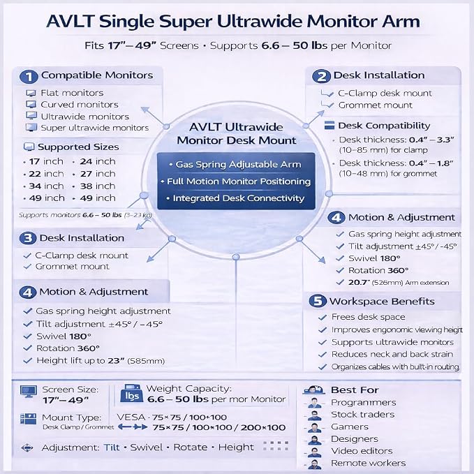 AVLT Single Monitor Arm Desk Mount for 17-49" Screens, Heavy Duty - White | Supports flat/curved/ultrawide screens up to 50 lbs. Gas spring lift, USB 3.0/AUX ports, VESA and cable management.