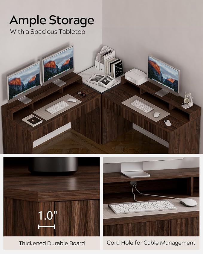 EYYTHUNG Fluted Executive Desk with Storage Shelf, 47" Modern Wood Home Office Desk with Long Monitor Stand & 2 Drawers, Writing Study Computer Table Vanity Desks, Brown