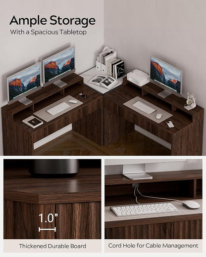 EYYTHUNG Fluted Executive Desk with Storage Shelf, 47" Modern Wood Home Office Desk with Long Monitor Stand & 2 Drawers, Writing Study Computer Table Vanity Desks, Brown