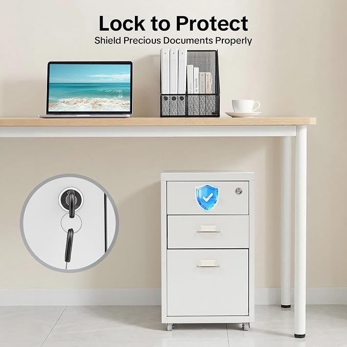 3-Drawer Vertical File Cabinet, 11*16*18.3in Rolling File Cabinet, Mobile Organizer Storage Cabinet with Lock, Office Filing Storage Cabinet Under Desk fits A4 Size, for Home Office (White)