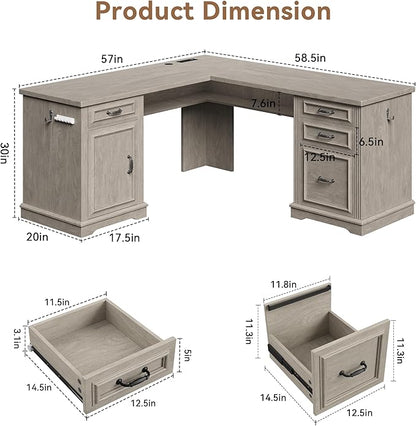 Jocoevol Farmhouse L Shaped Executive Desk with 4 Drawers and Charging Station, Wood Corner Home Office Computer Desk with File Cabinet Storage, Hidden Under Desk Storage Shelf, Headphone Hook - Grey
