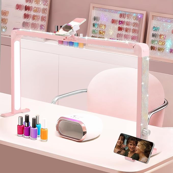 Nail Tech Lamp for Desk, 34 in Large Half Moon Light with Phone Holder, 48W Brightness Adjustable Lash ARC Light for Manicure, Tattoo, Spa, Salon, 3000K-6000K LED Manicure Lamp(Pink)