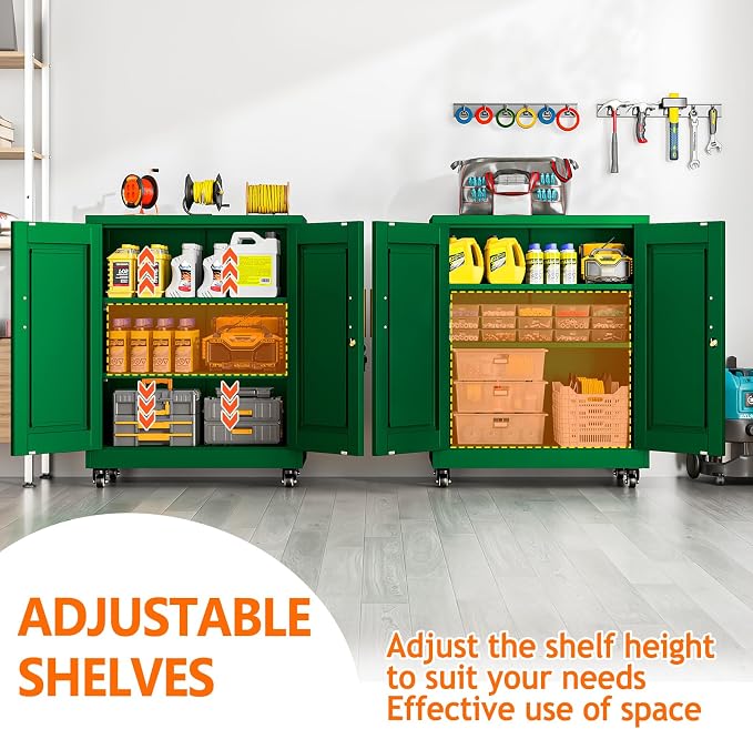 Metal Storage Cabinet with Wheels, 36" Tall Locking Storage Cabinet with 2 Adjustable Shelves, Locking Garage Cabinet, Steel Locker Organizer, for Office, Home, School, Green