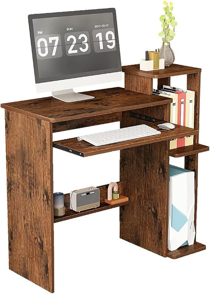 35" Compact Computer Desk with 3-Tier Storage Shelves & Keyboard Tray – Small Study Table for Bedroom or Home Office (Brown)